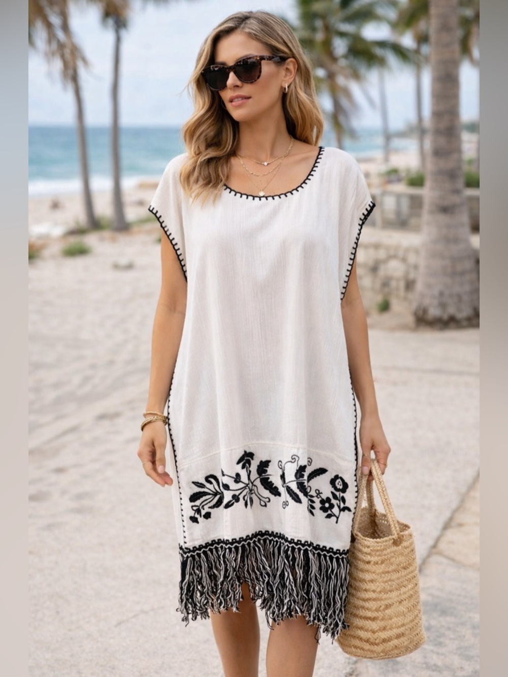 PRICE ⬇️ Izcalli White Embroidered Fringe Swim Coverup Dress 100% Cotton 🤍🖤